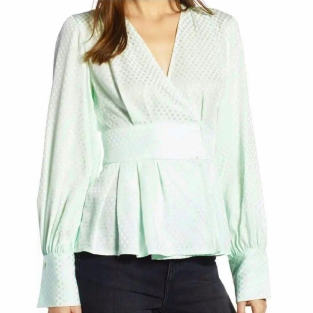 Something Navy Mint Green &‎ Silver Polka Dot Long Sleeve Faux Wrap Top Sz M